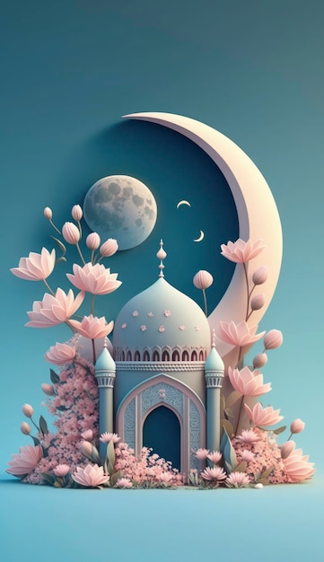 Mosque and moon on blue background 3d render and illustration Generate Ai