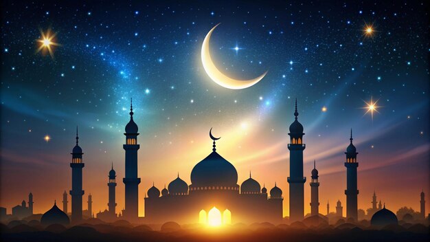 Photo a mosque under the moon at night vector art illustration