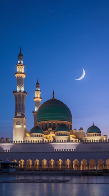 Photo mosque at night masjid nabi of medina green dome and moon prophet muhammed savramadan kareem