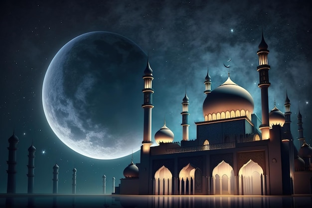 A mosque in the night with a full moon behind it