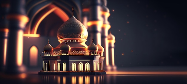 Mosque at night with glowing lights Eastern architecture concept Ramadan Kareem Generative AI