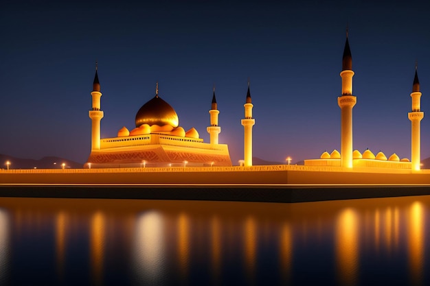 A mosque in the night with lights on