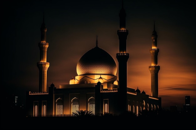 A mosque in the night with the moon behind it