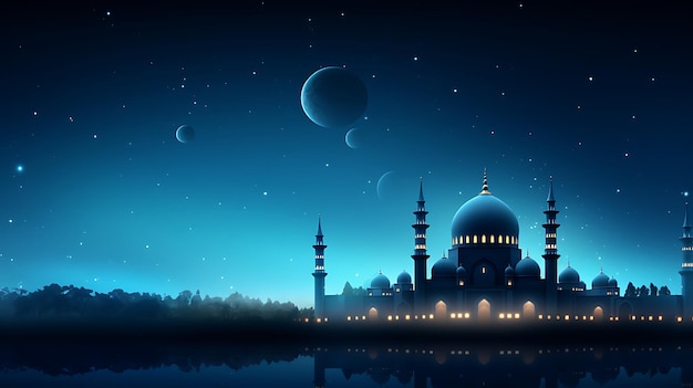 a mosque at night with the moon and stars in the sky