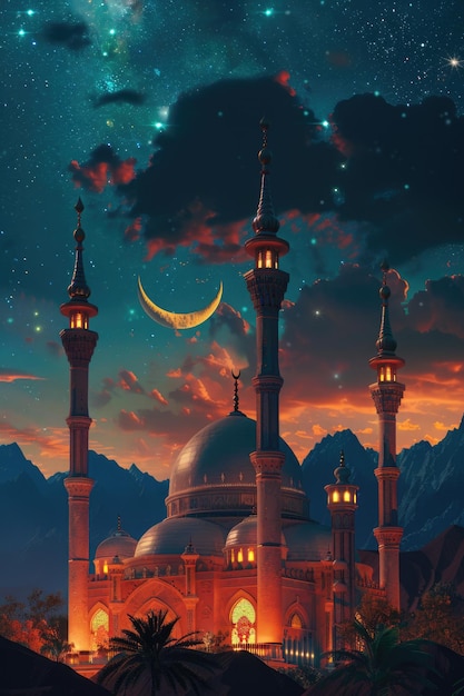 Mosque at Night with Moon