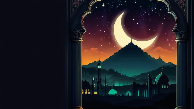 Photo a mosque silhouette banner with sun setting islamic background with mosque silhouette wallpaper