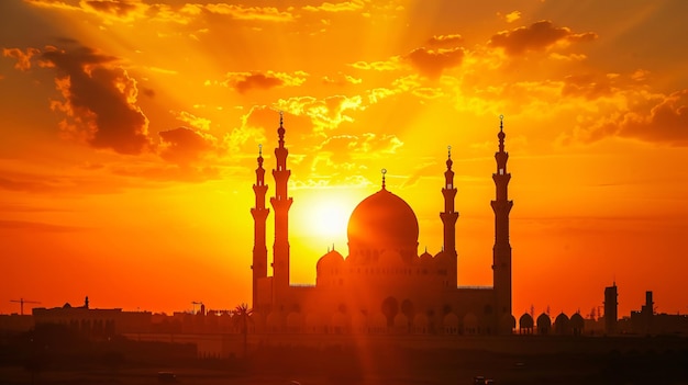 Mosque Silhouette Gracefully Set Against the Warm Hues of a Sunset