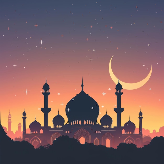 Mosque Silhouette Night Sky Crescent Moon Stars