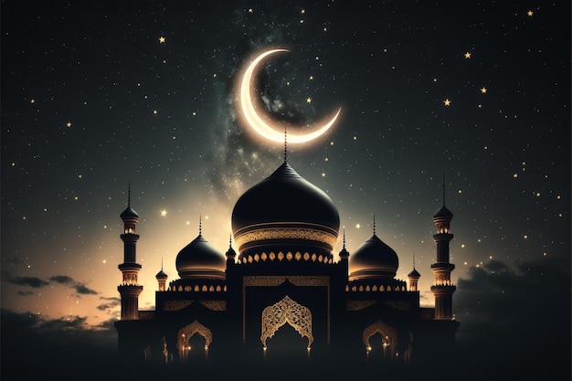 Mosque silhouette in night sky with crescent moon and star