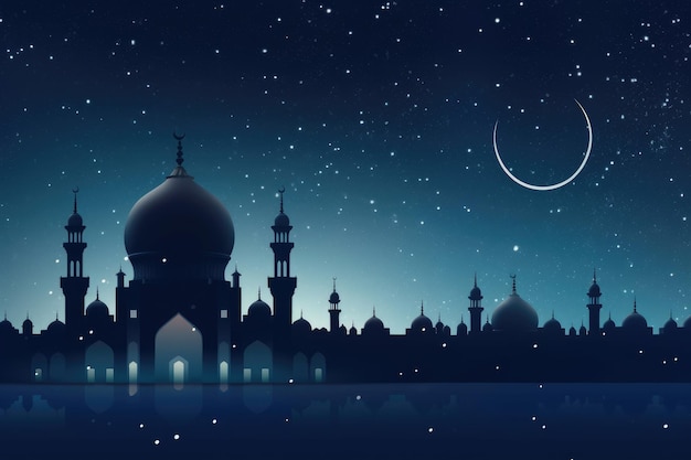 Mosque silhouette in night sky with crescent moon and stars ramadan Generative AI