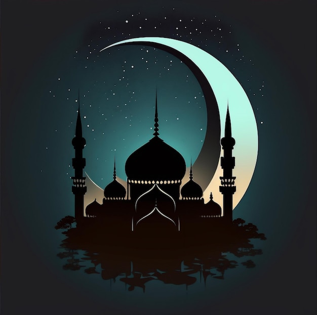 Mosque silhouette ramadan crescent moon and stars on dark background