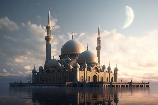 A mosque in the sky with the moon in the background