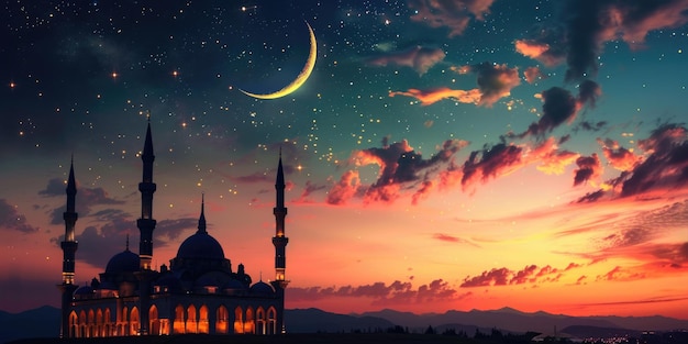 Mosque at sunset with crescent and stars