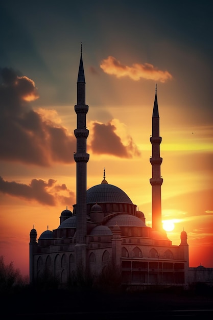 A mosque in the sunset with the sun setting behind it