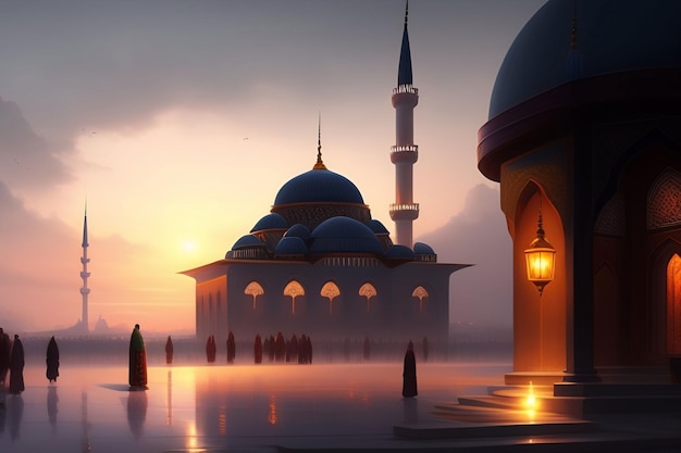 A mosque in the sunset with the sun shining on the top left corner.