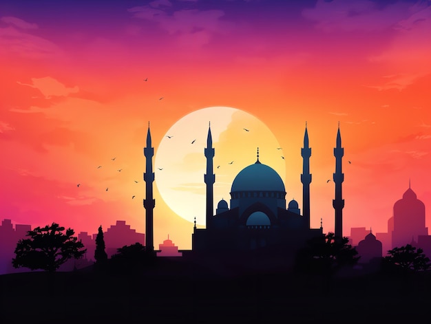 A mosque in a sunset with a sunset in the background.