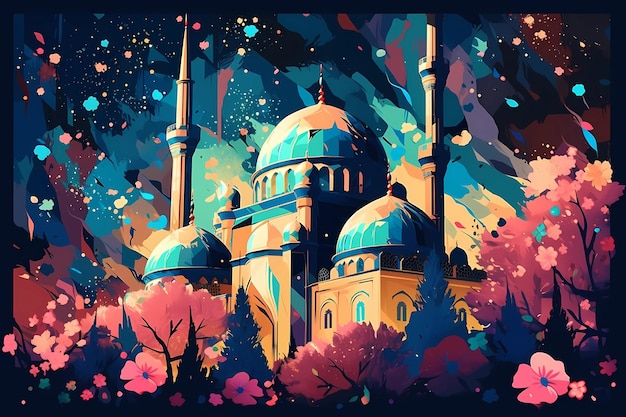 Mosque surrounded by vibrant flowers in ramadhan digital art illustration