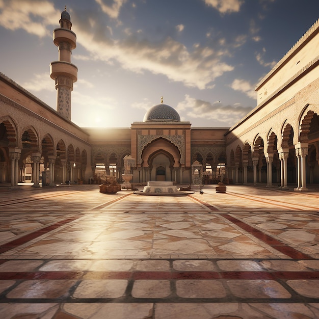 a mosque with a blue dome and a fountain in the middle