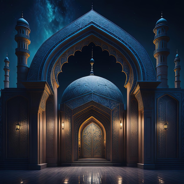 A mosque with a blue door and lights on it