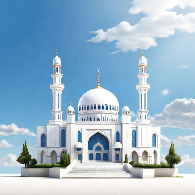 a mosque with blue sky and clouds background