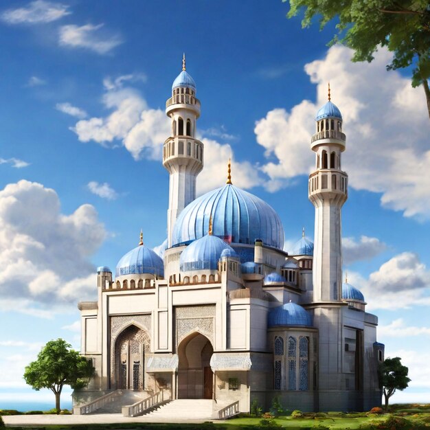 a mosque with blue sky and clouds background