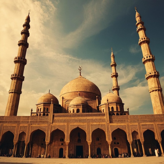 Photo mosque with a blue sky and a few people in the background