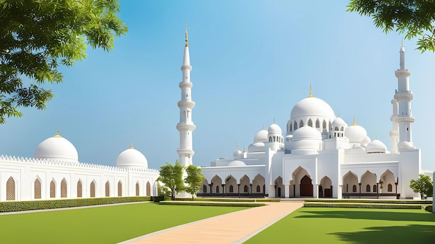 mosque with blue sky and green grass lawn