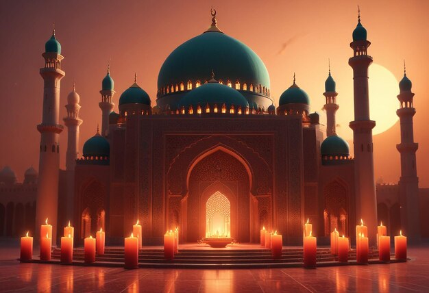 a mosque with candles lit up in front of it