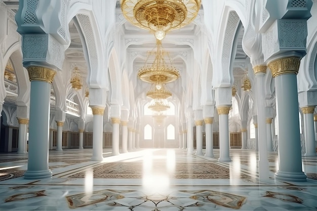 A mosque with a chandelier in the middle