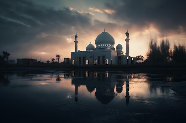 A mosque with a cloudy sky in the background