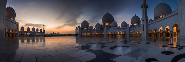 A mosque with a cloudy sky at dusk