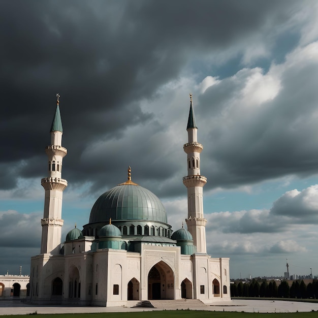 a mosque with a cloudy sky behind it