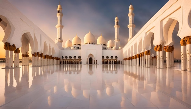 a mosque with a cloudy sky and a reflection of a building