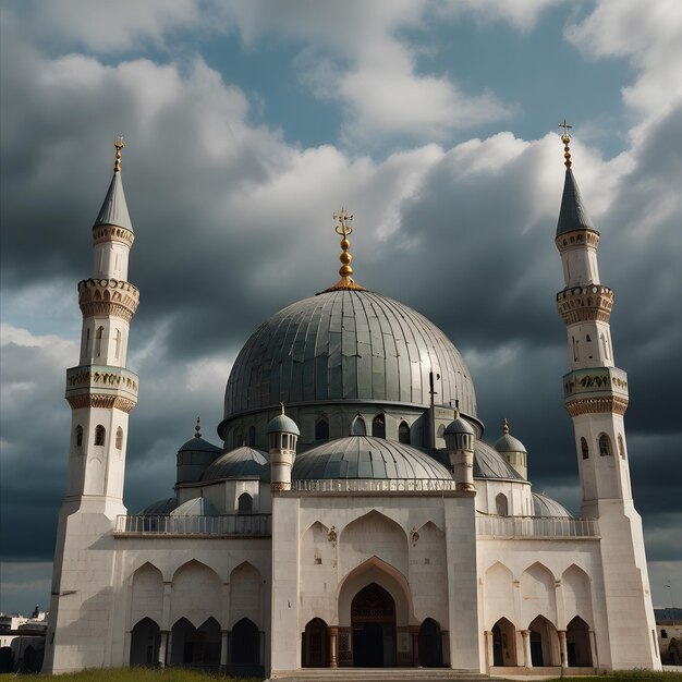 a mosque with a cloudy sky and the words mosque on the top