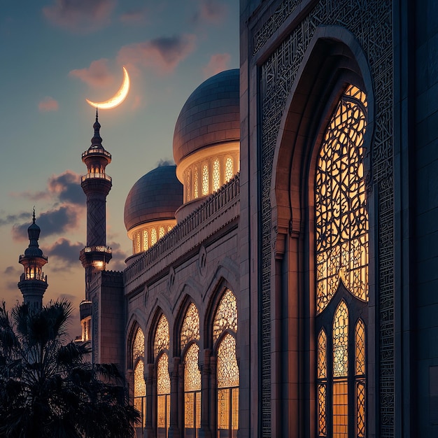 Photo mosque with crescent moon backdrop warm sunset glow