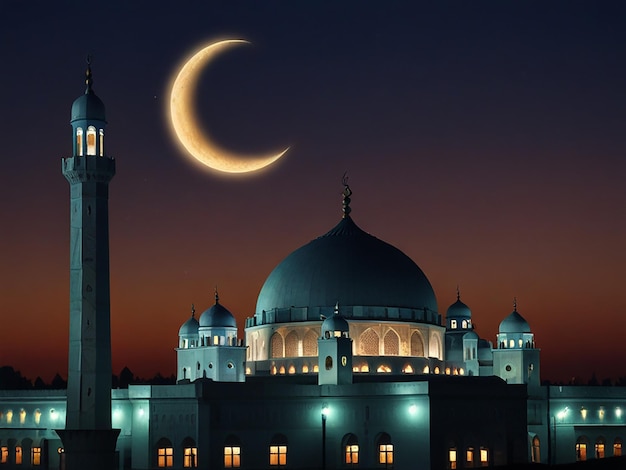 a mosque with a crescent moon in the background and a crescent moon in the background