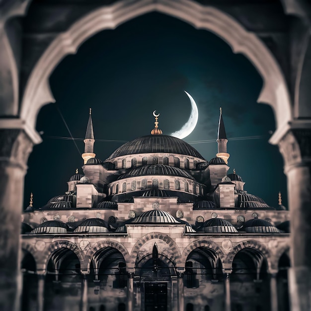 Photo a mosque with a crescent moon in the background