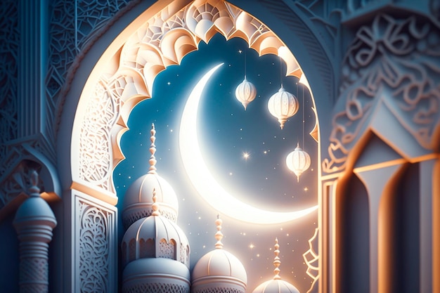 A mosque with a crescent moon in the background