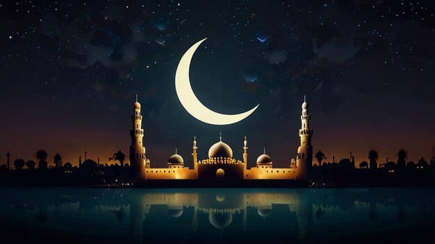 Photo a mosque with a crescent moon and a crescent moon in the background