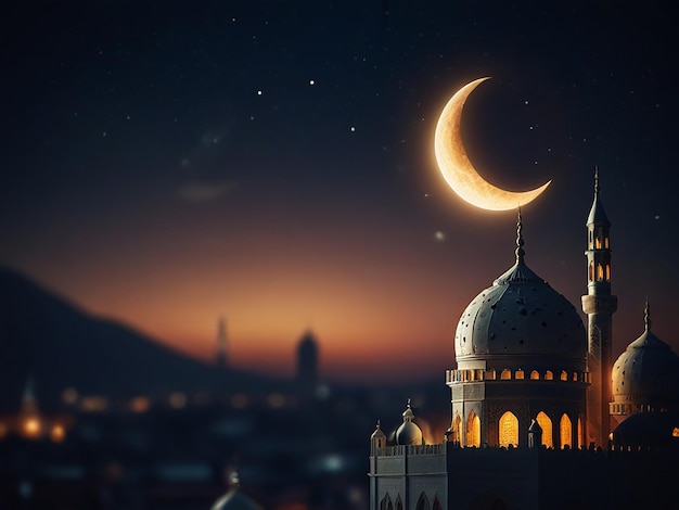 a mosque with a crescent moon and a moon in the background