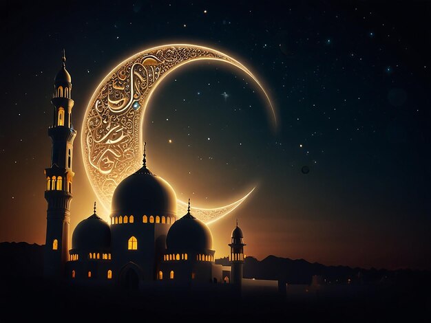 a mosque with a crescent moon and a mosque at night