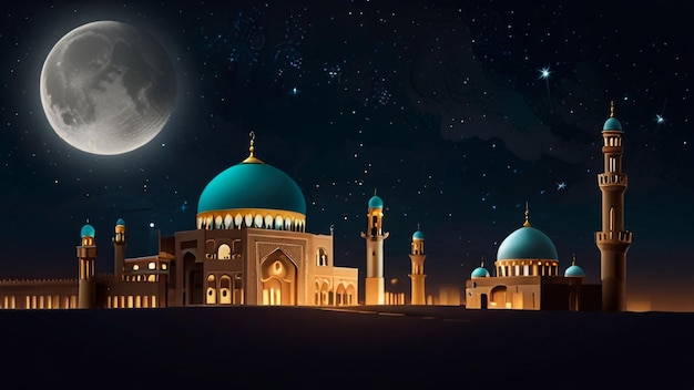 Photo a mosque with a full moon in the background