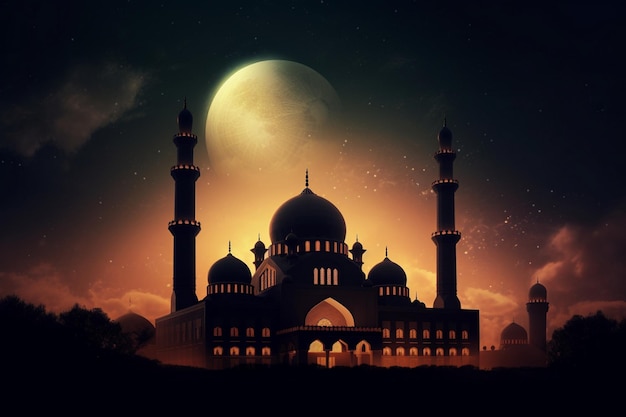 A mosque with a full moon in the background