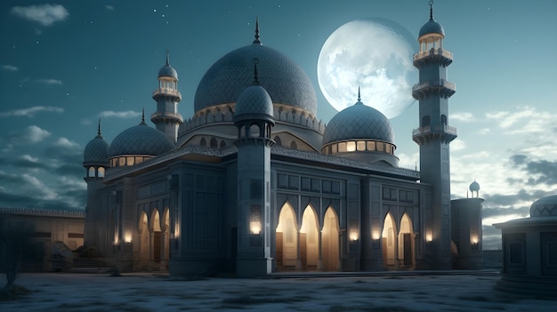 A mosque with a full moon in the background