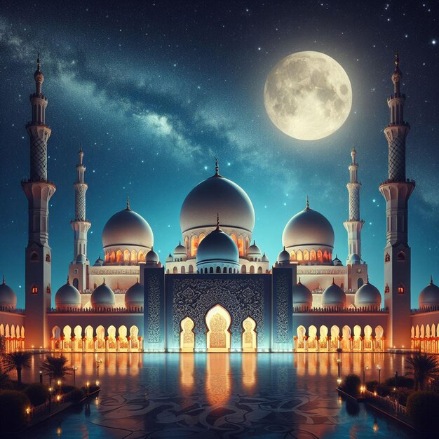 a mosque with a full moon and a moon in the background