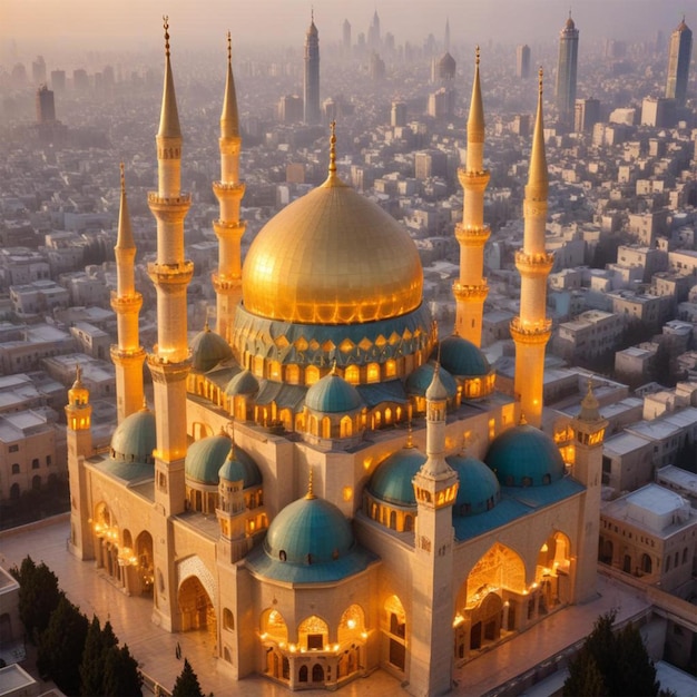 Photo a mosque with a gold dome and blue roof in front of a cityscape