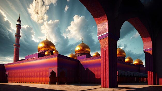 A mosque with gold domes and a cloudy sky