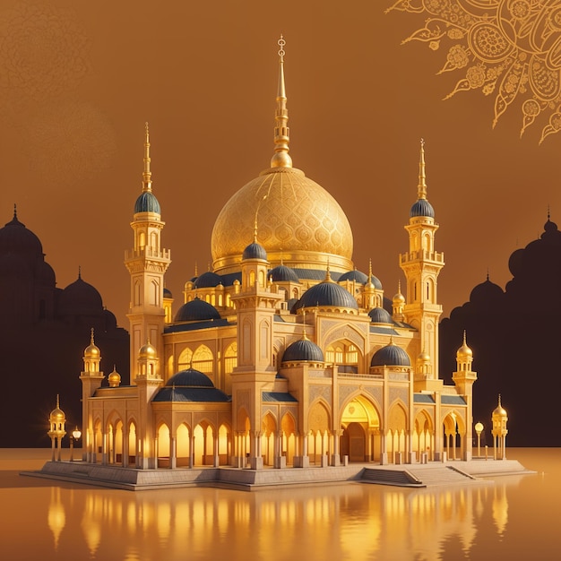 a mosque with a gold roof and a blue dome on the top Eid Mubarak 3d Mosque design Islamic design