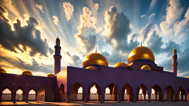 A mosque with golden domes and the sky behind it