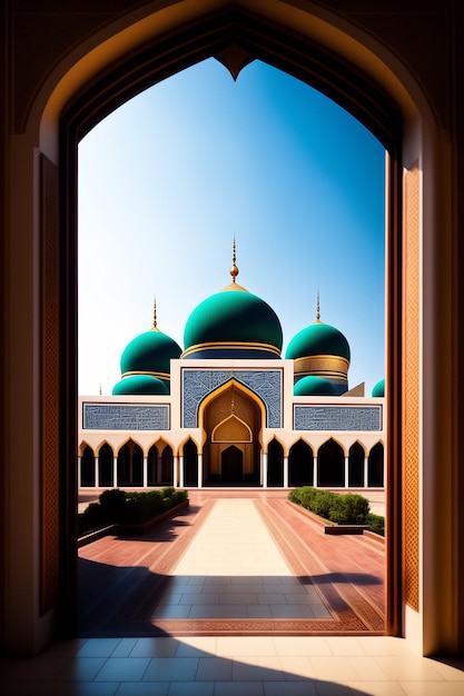 A mosque with a green dome and a blue sky